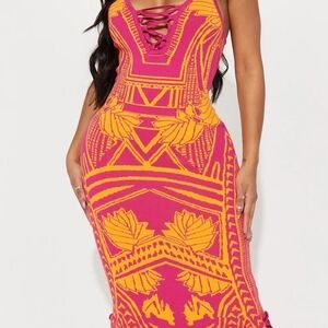 Fashion Nova Pink and Orange Midi Dress